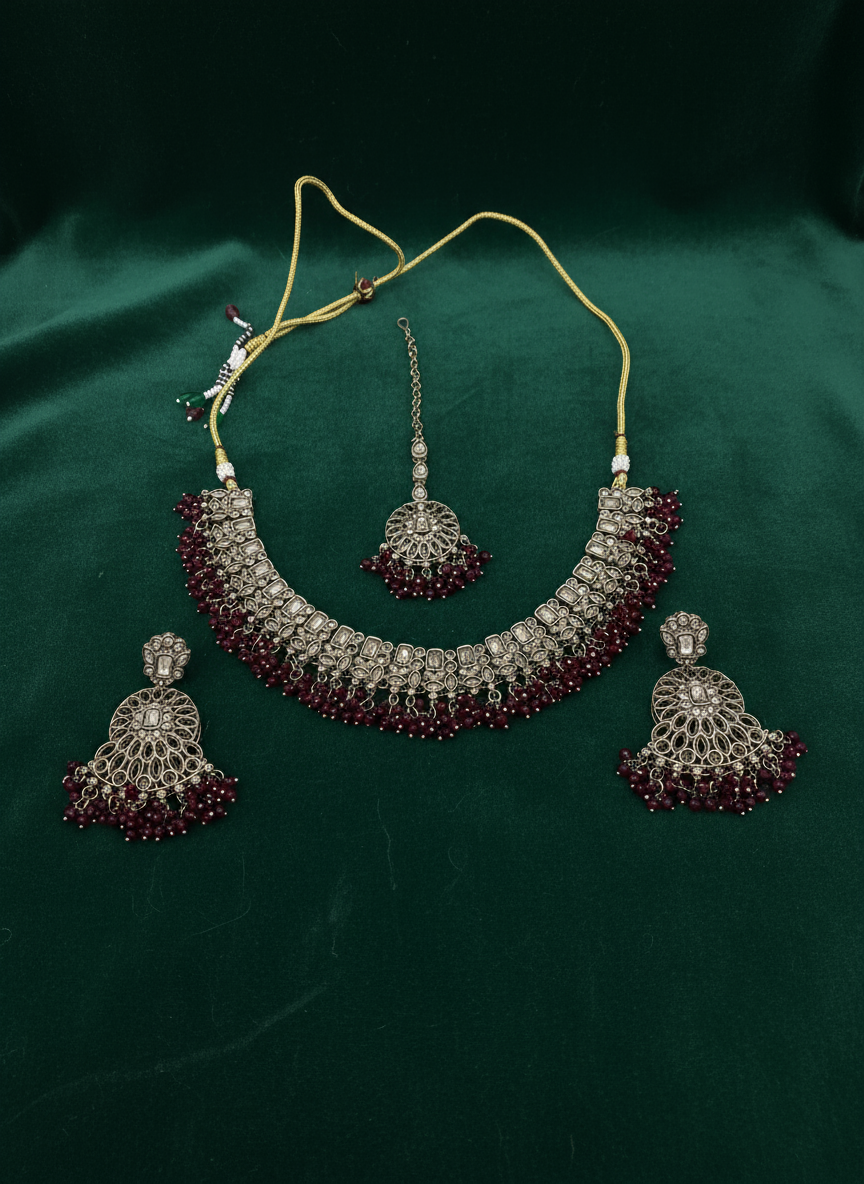 AM014 Gold and Maroon necklace set Polki