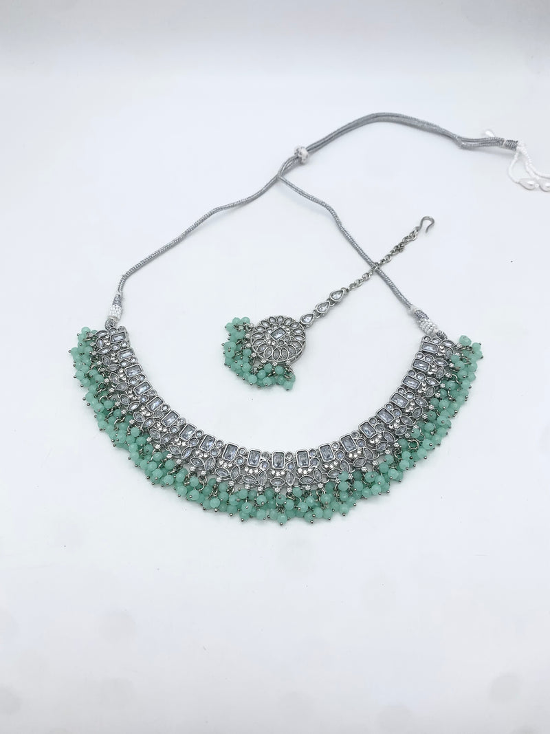 AM014 White and Mint necklace set Polki