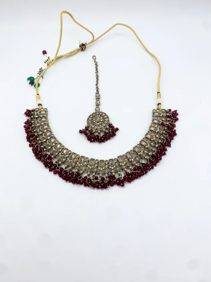 AM014 Gold and Maroon necklace set Polki