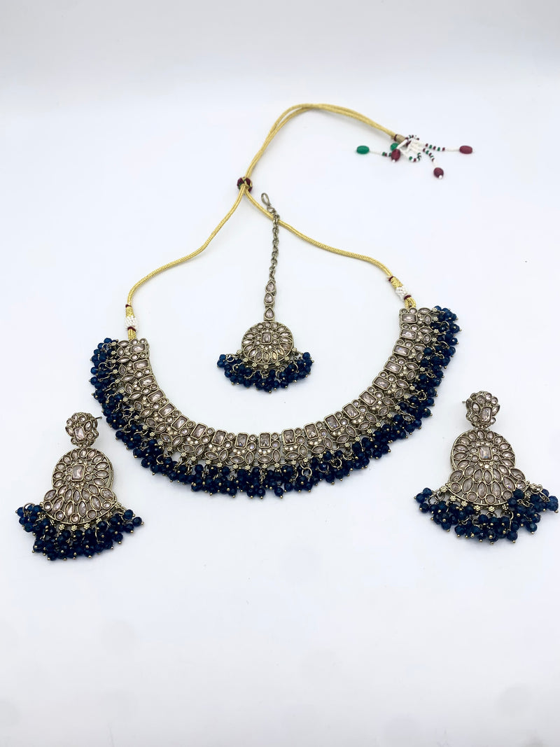 AM014 Gold and Dark Blue Necklace Polki