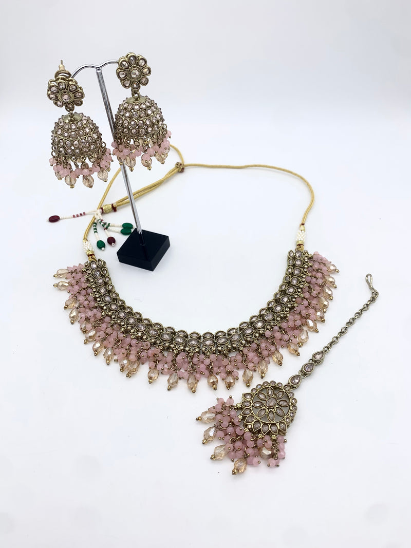 AM013 Gold and Pink necklace set Polki