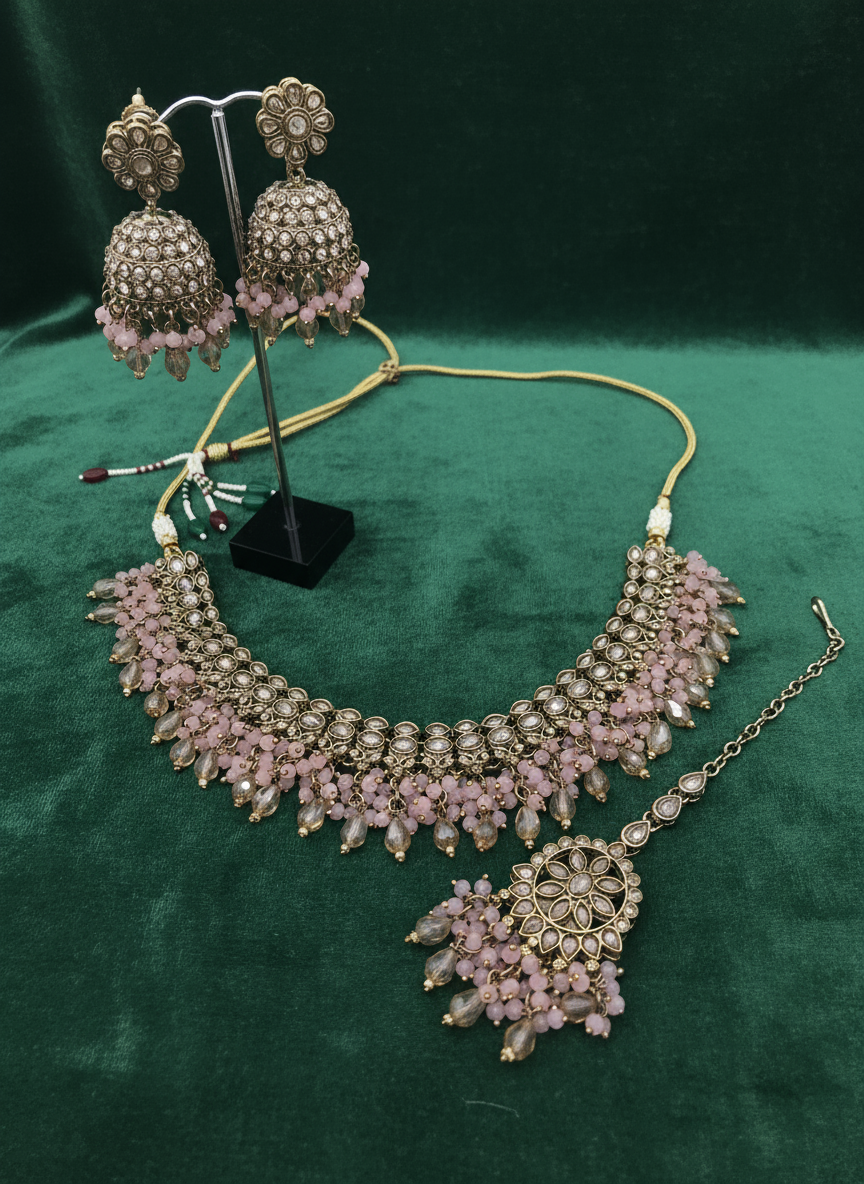 AM013 Gold and Pink necklace set Polki