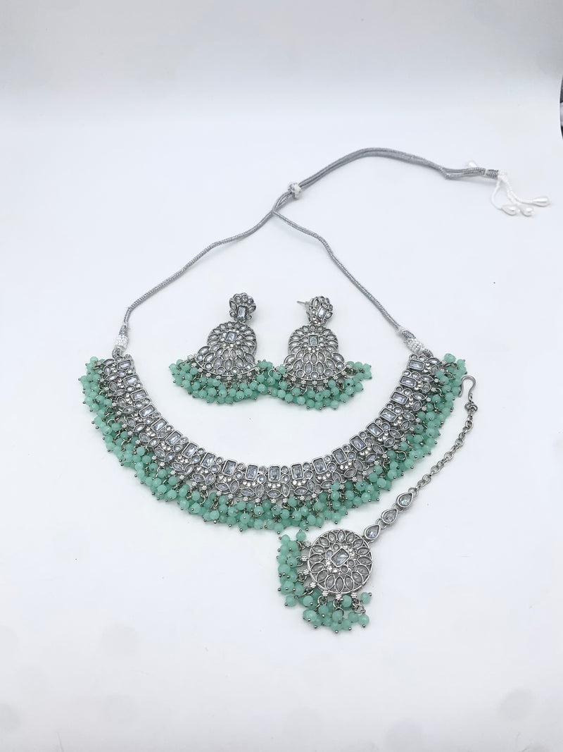 AM014 White and Mint necklace set Polki