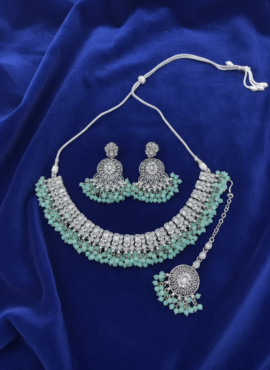 AM014 White and Mint necklace set Polki