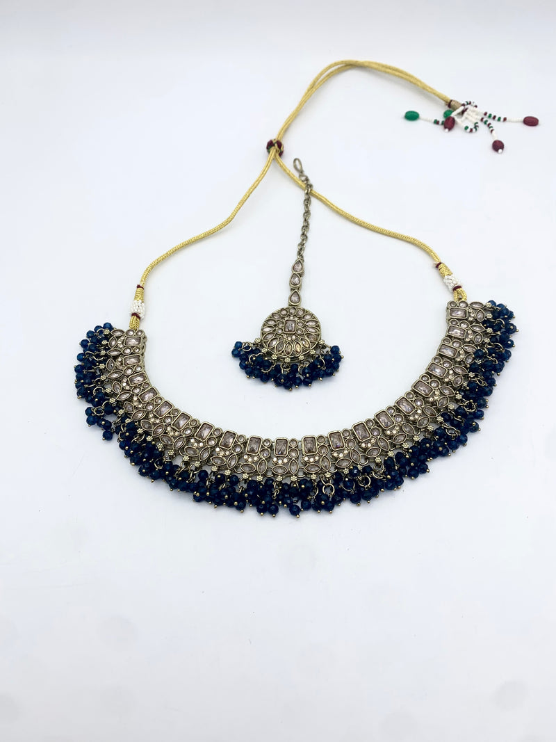 AM014 Gold and Dark Blue Necklace Polki
