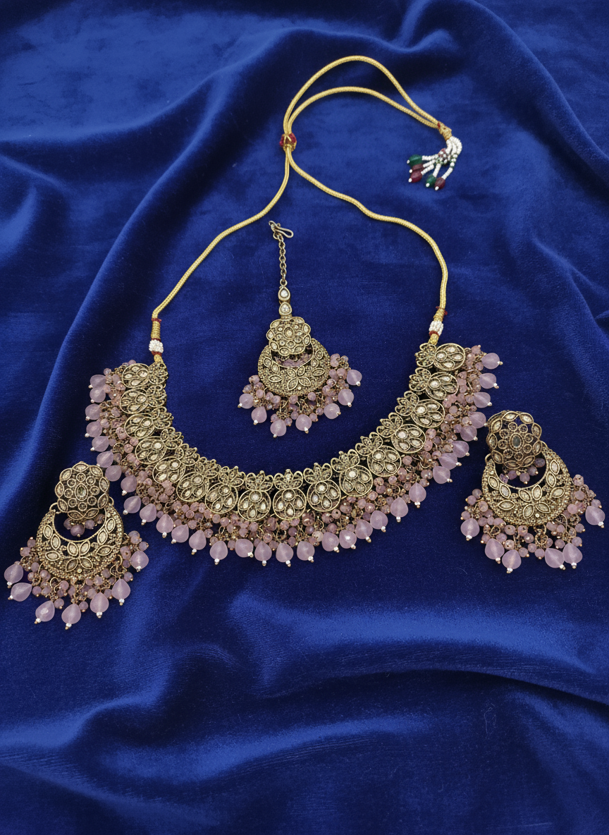 AM012 Gold and Pink necklace set Polki