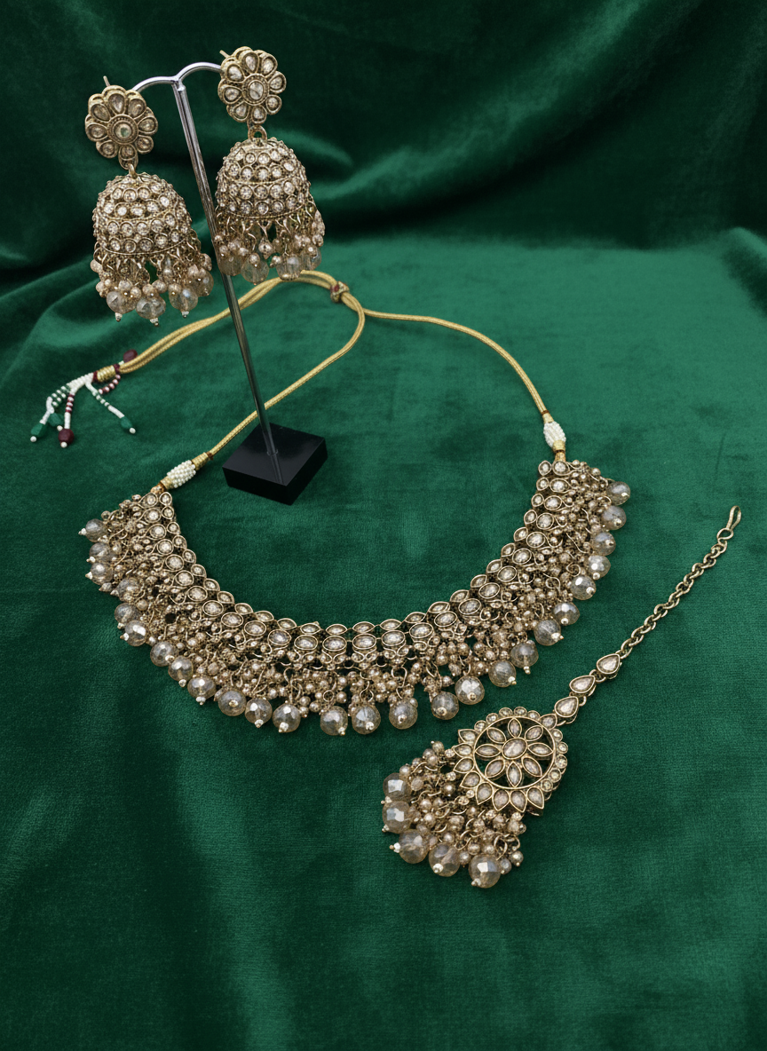 AM013 Full Gold necklace set Polki