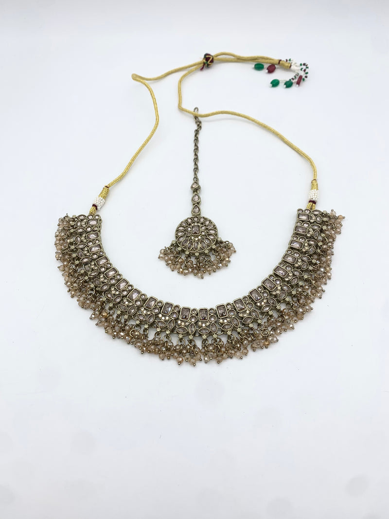 AM014 Full Gold necklace set with crystal bead polki