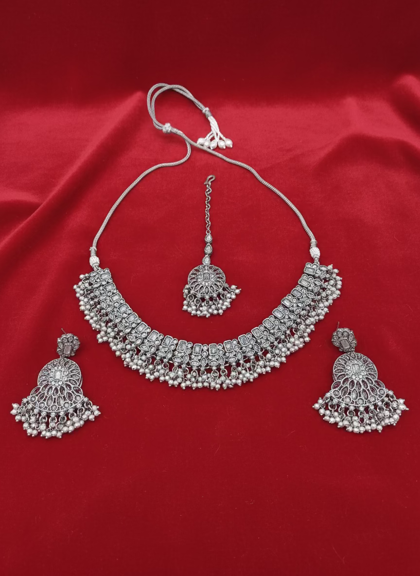 AM014 Silver necklace set Polki