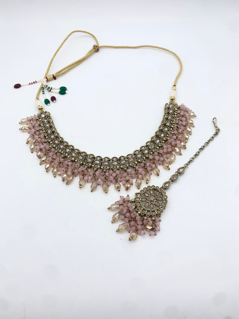 AM013 Gold and Pink necklace set Polki