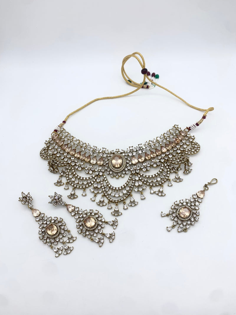 AM300 Antique Gold necklace set American diamond