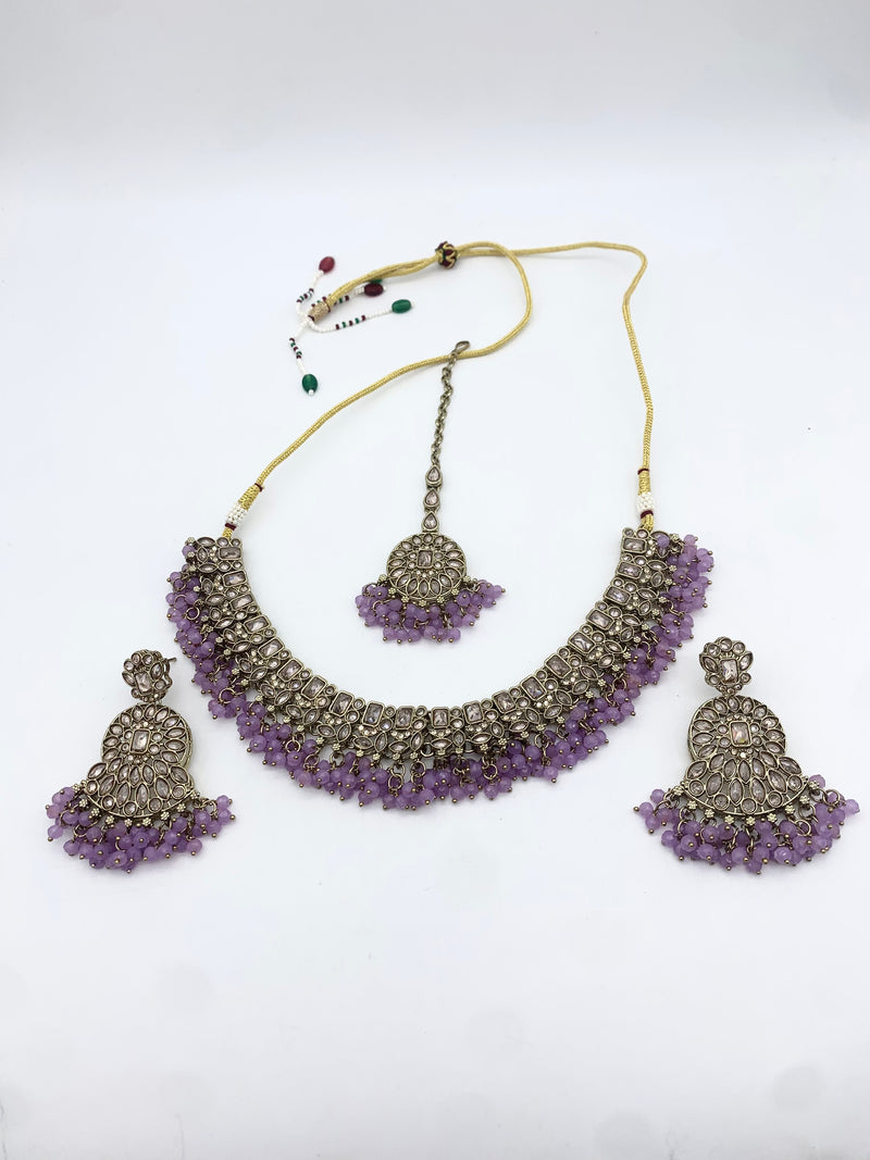 AM014 Gold and Lilac necklace set Polki