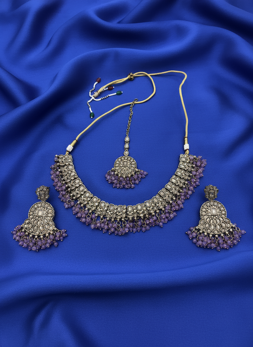 AM014 Gold and Lilac necklace set Polki