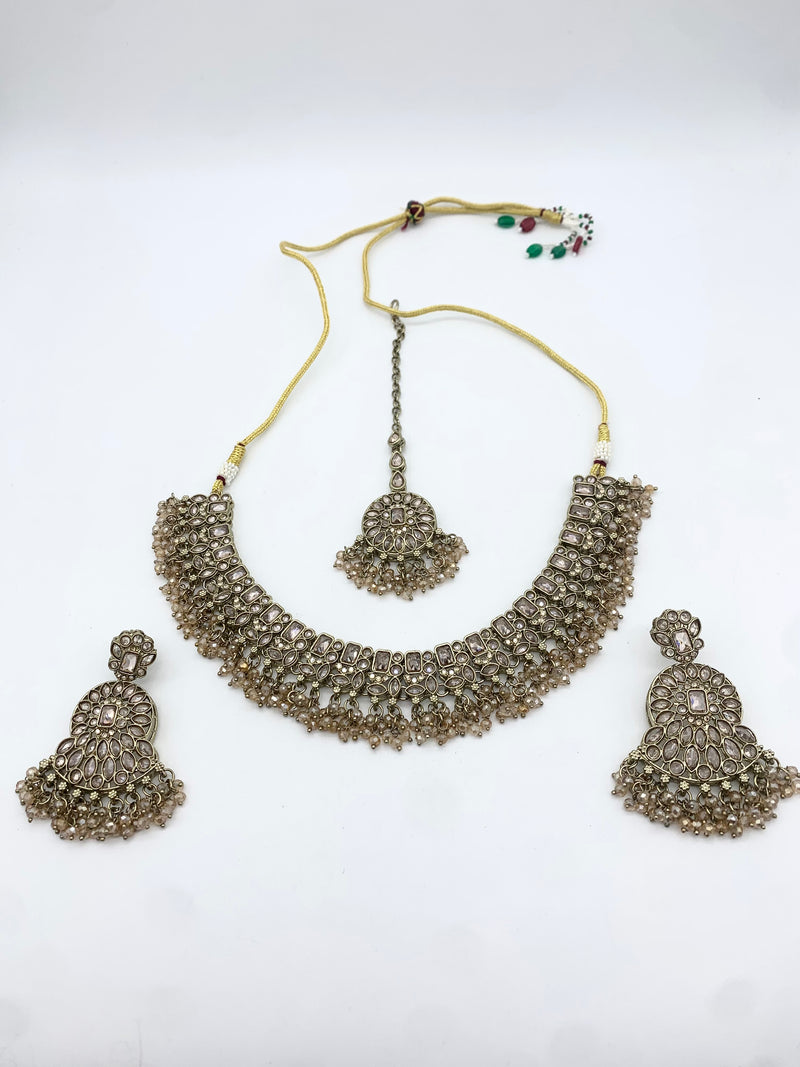AM014 Full Gold necklace set with crystal bead polki