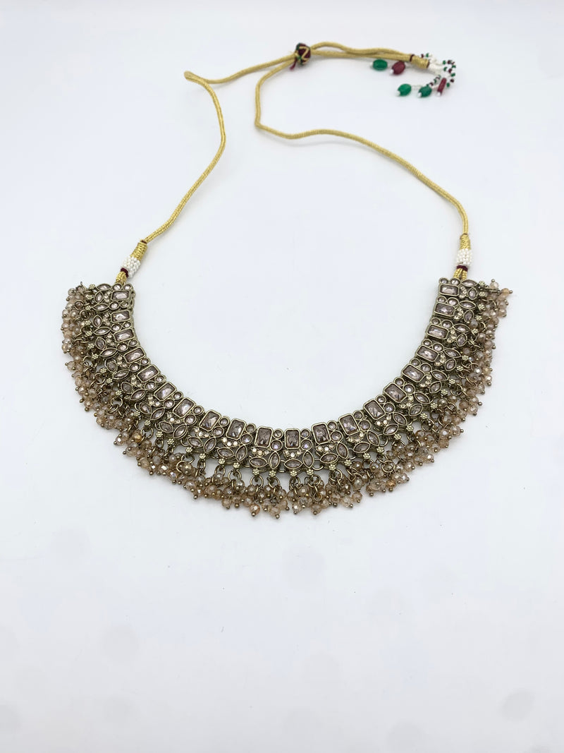 AM014 Full Gold necklace set with crystal bead polki