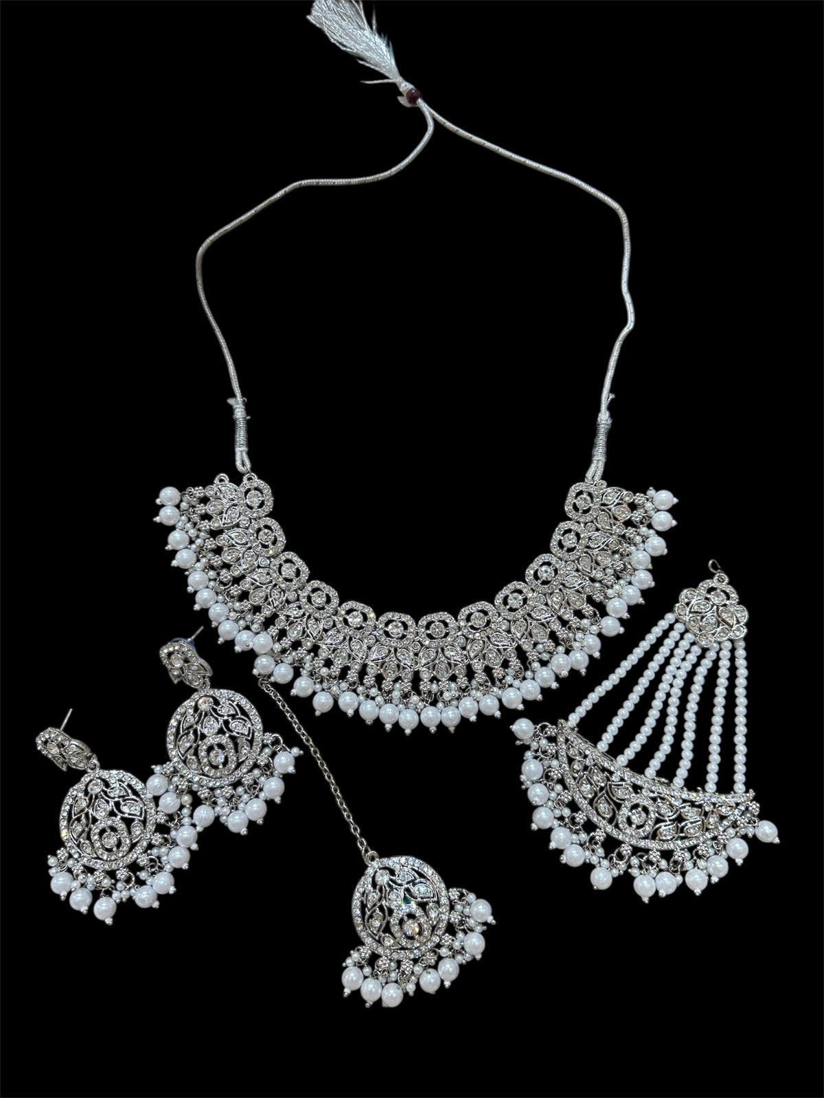 PA7803 Silver colour necklace set with earrings tikka Jhumar