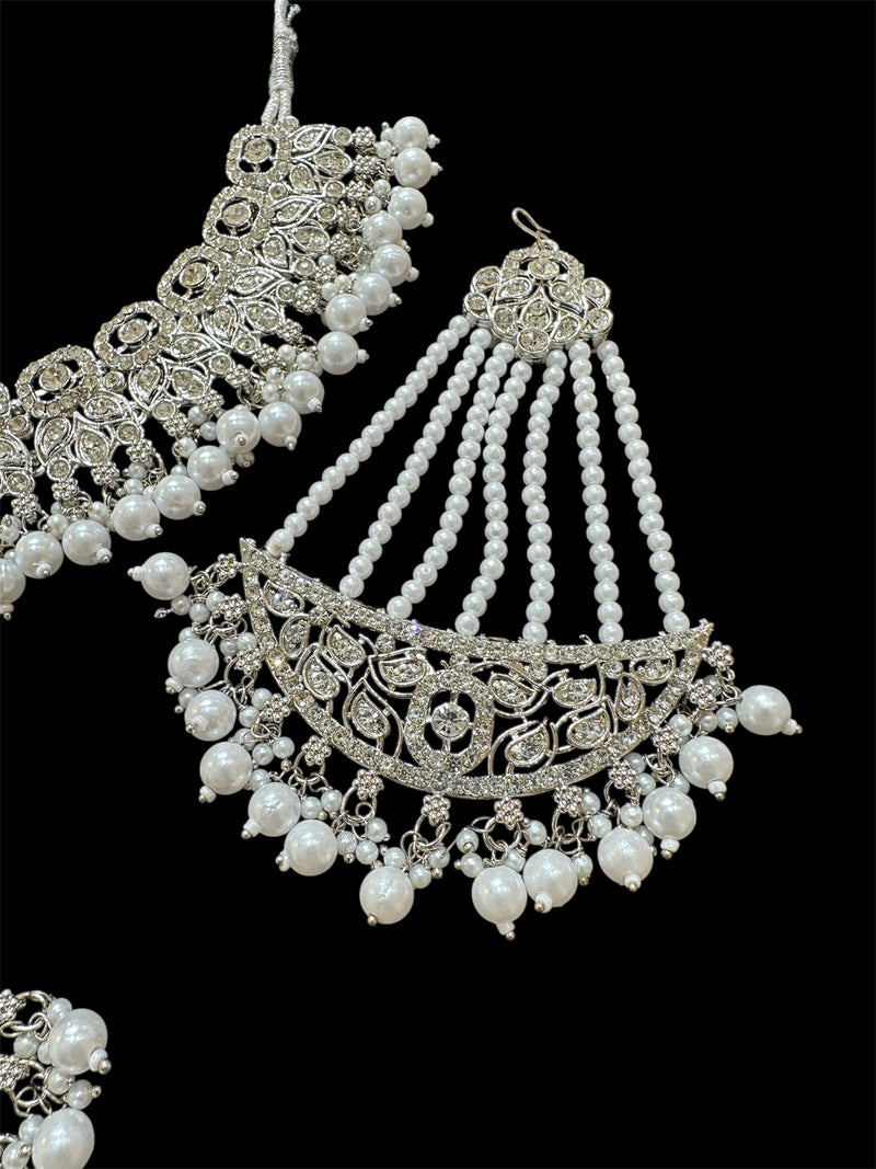 PA7803 Silver colour necklace set with earrings tikka Jhumar