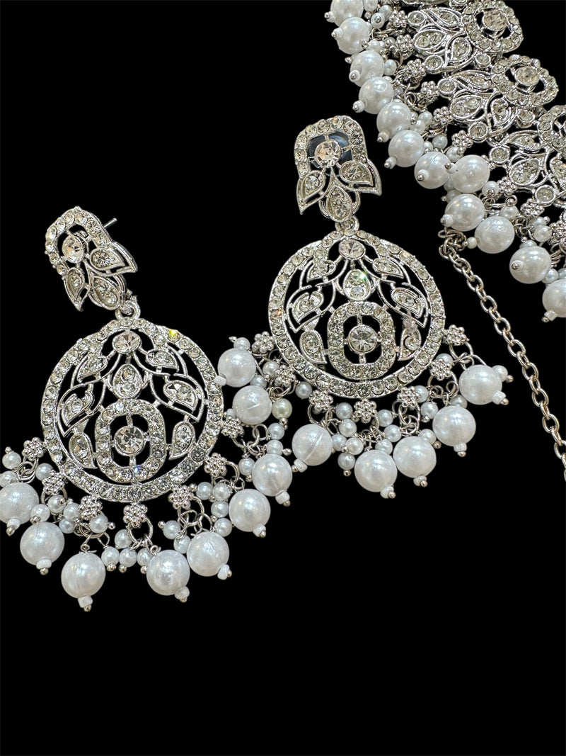 PA7803 Silver colour necklace set with earrings tikka Jhumar