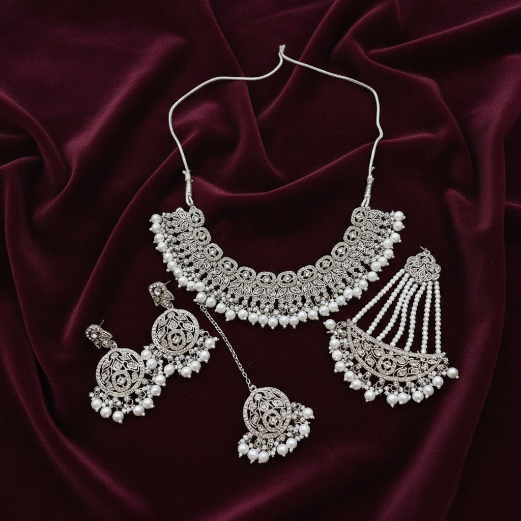 PA7803 Silver colour necklace set with earrings tikka Jhumar