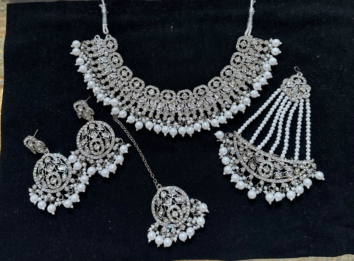 PA7803 Silver colour necklace set with earrings tikka Jhumar