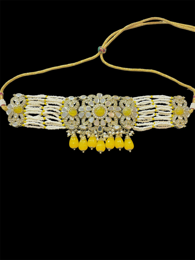 AN660 Yellow Colour Choker Set with Mirror stones