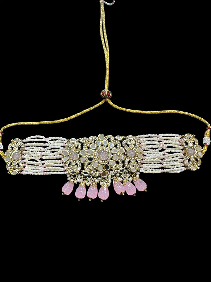 AN660 Pink Choker Set With Mirror Stones