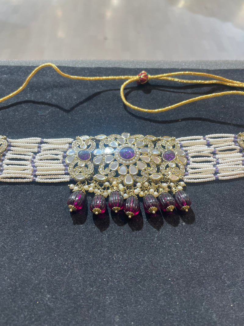 AN660 Dark Purple Choker Set With Mirror Stones