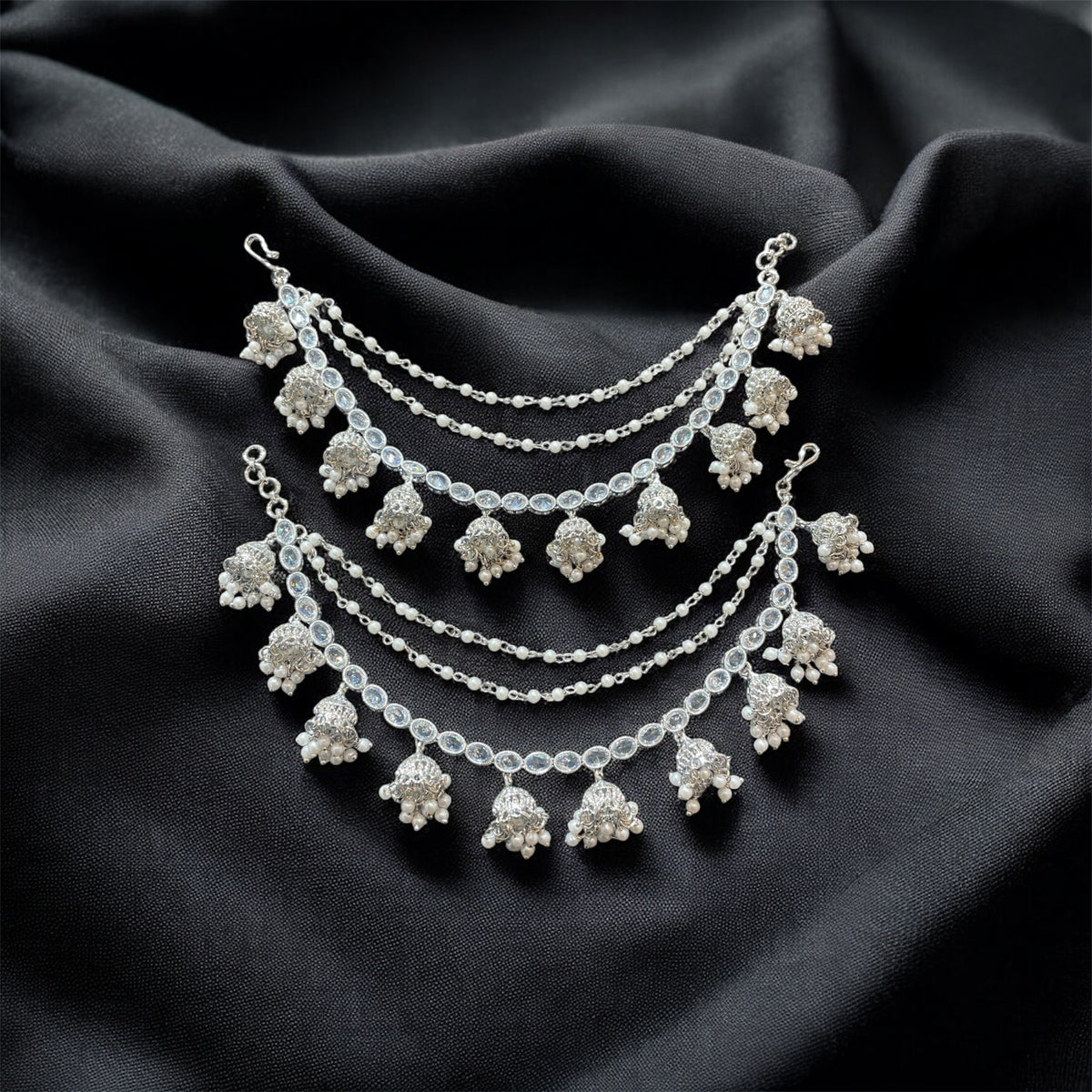 AN200 Three Line Jhumka Sahara With Silver Polki Stones