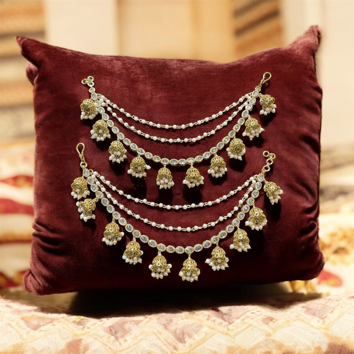 AN200 Three Line Jhumka Sahara with Gold and White Polki Stones