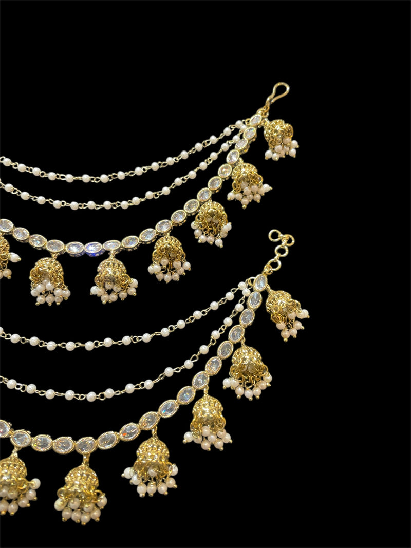 AN200 Three Line Jhumka Sahara with Gold and White Polki Stones