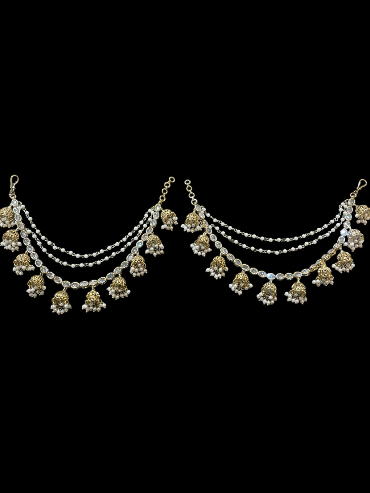 AN200 Three Line Jhumka Sahara with Gold and White Polki Stones