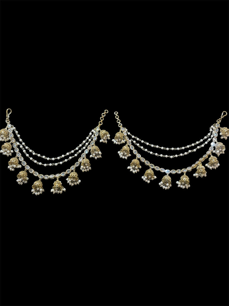 AN200 Three Line Jhumka Sahara with Gold and White Polki Stones