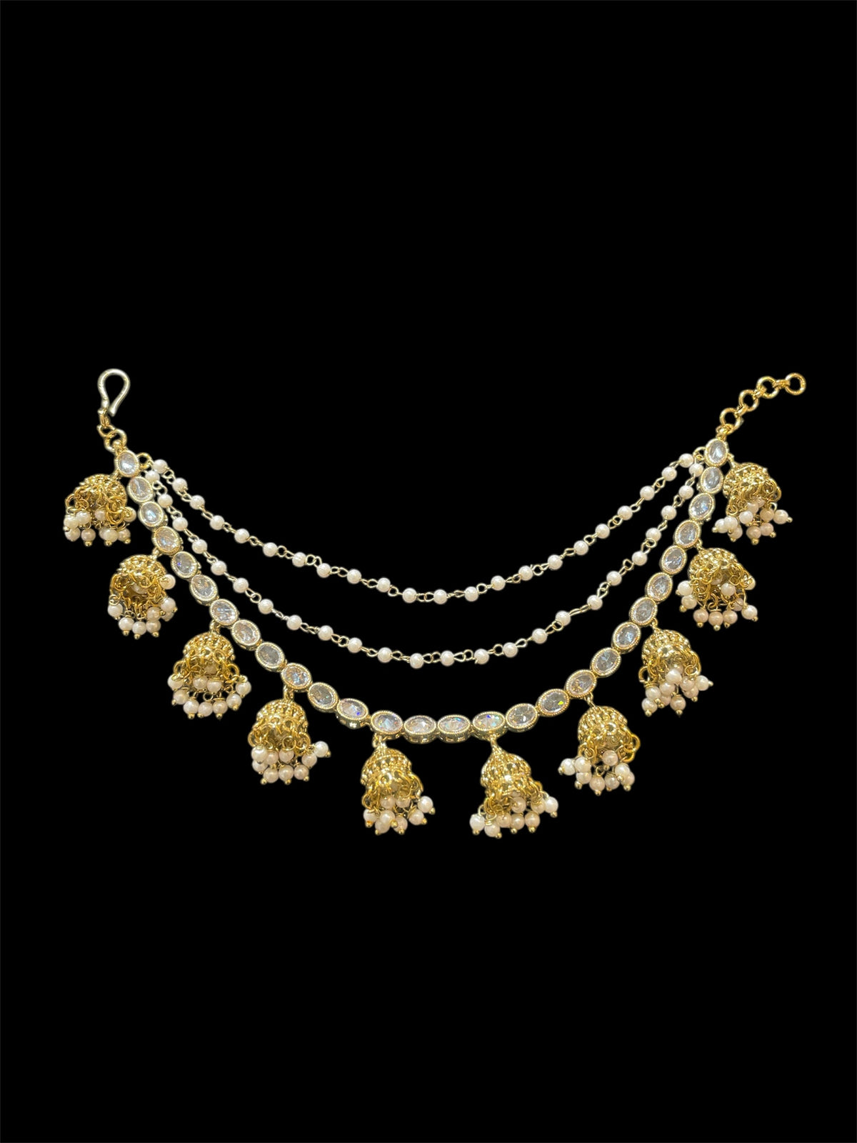 AN200 Three Line Jhumka Sahara with Gold and White Polki Stones