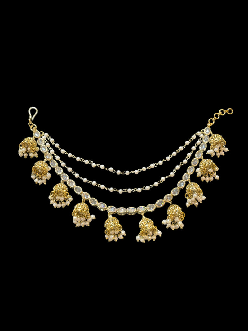 AN200 Three Line Jhumka Sahara with Gold and White Polki Stones