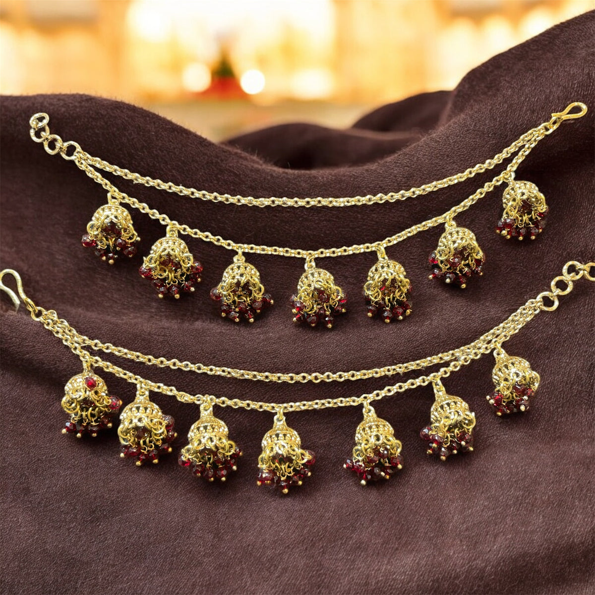 AN203 Double Line Jhumka Sahara with Maroon Beads