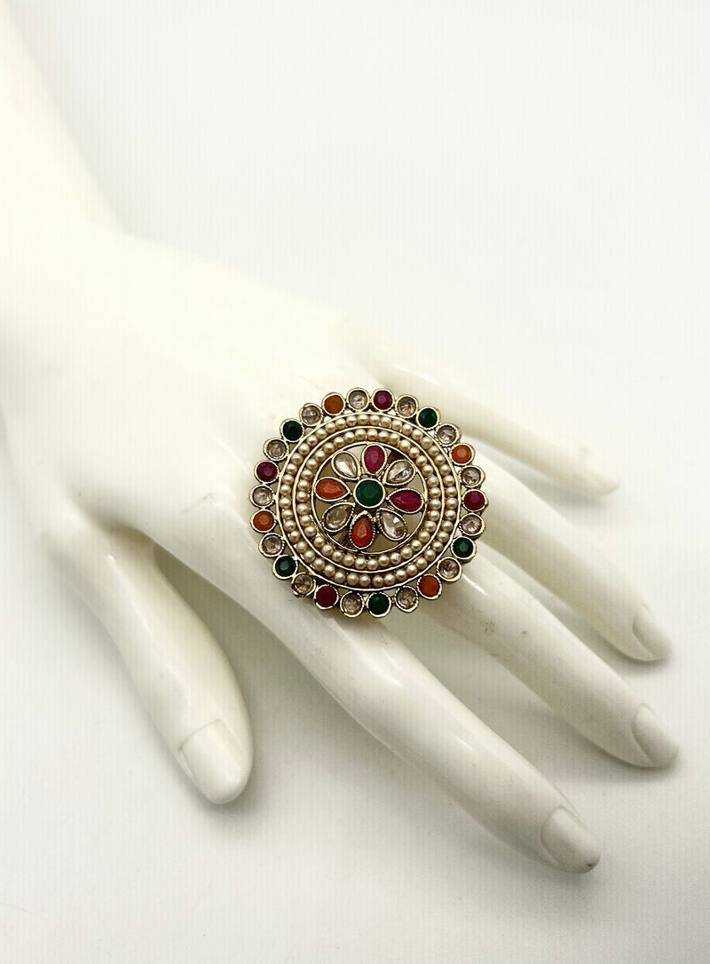 AM800 Gold and multicoloured adjustable ring polki