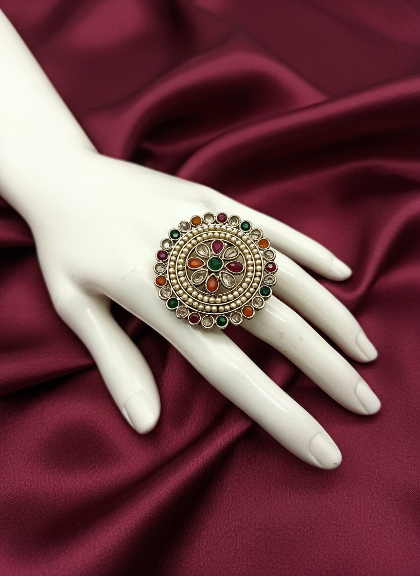 AM800 Gold and multicoloured adjustable ring polki