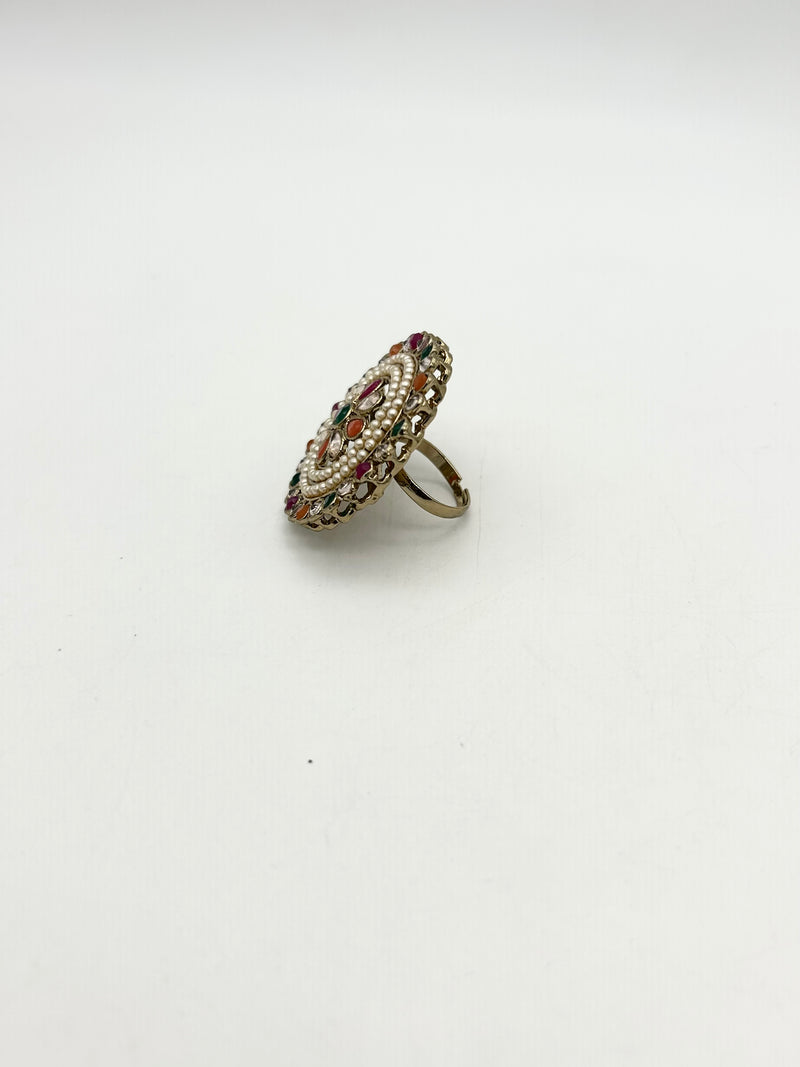 AM800 Gold and multicoloured adjustable ring polki