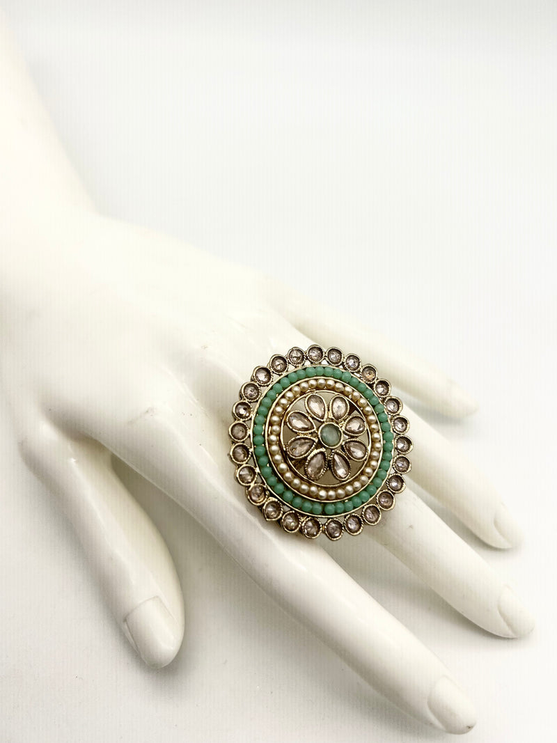 AM800 Gold and Mint adjustable ring polki
