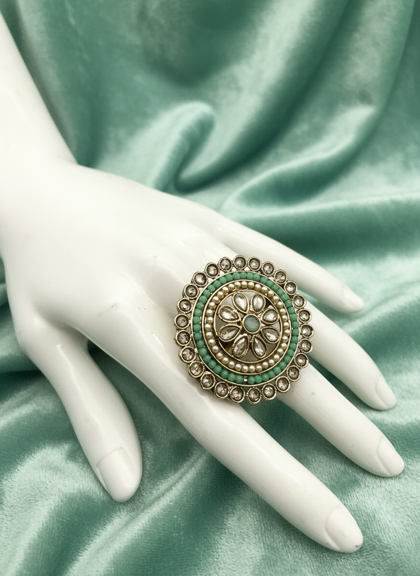AM800 Gold and Mint adjustable ring polki
