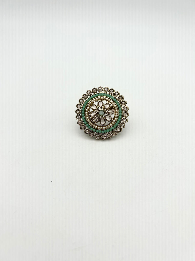 AM800 Gold and Mint adjustable ring polki