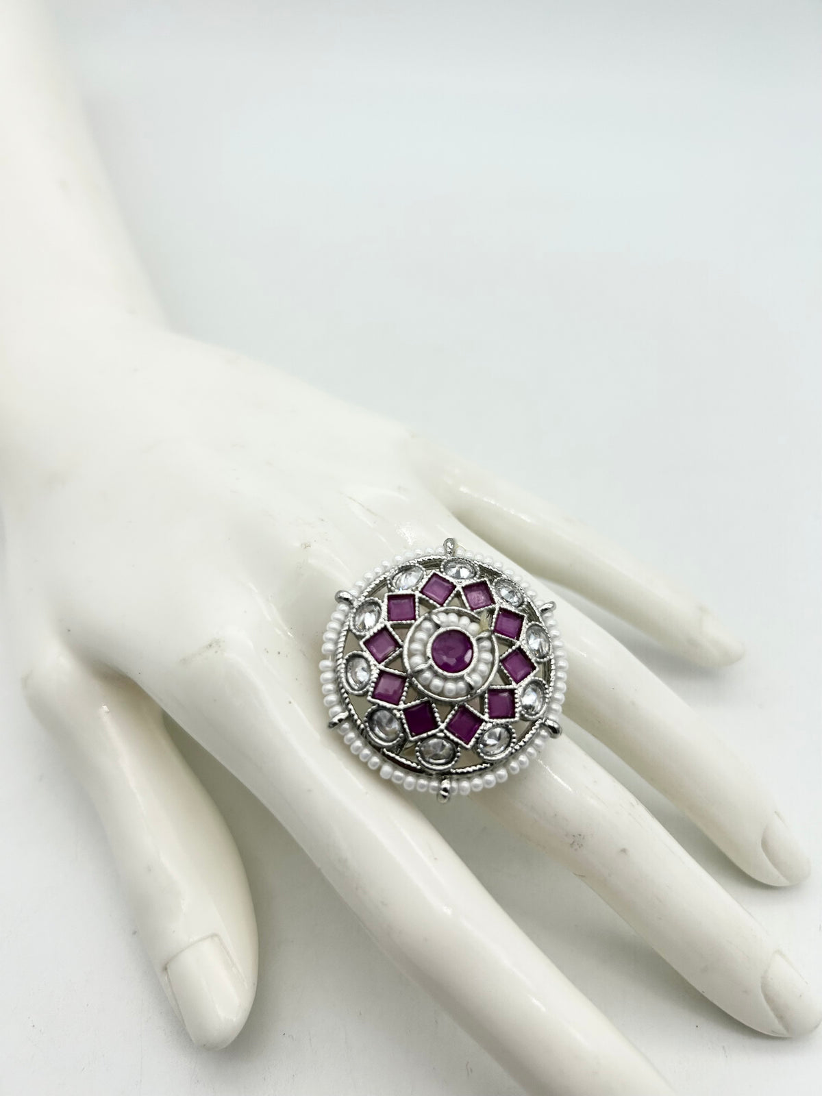 AM801 Silver and Pink adjustable ring polki