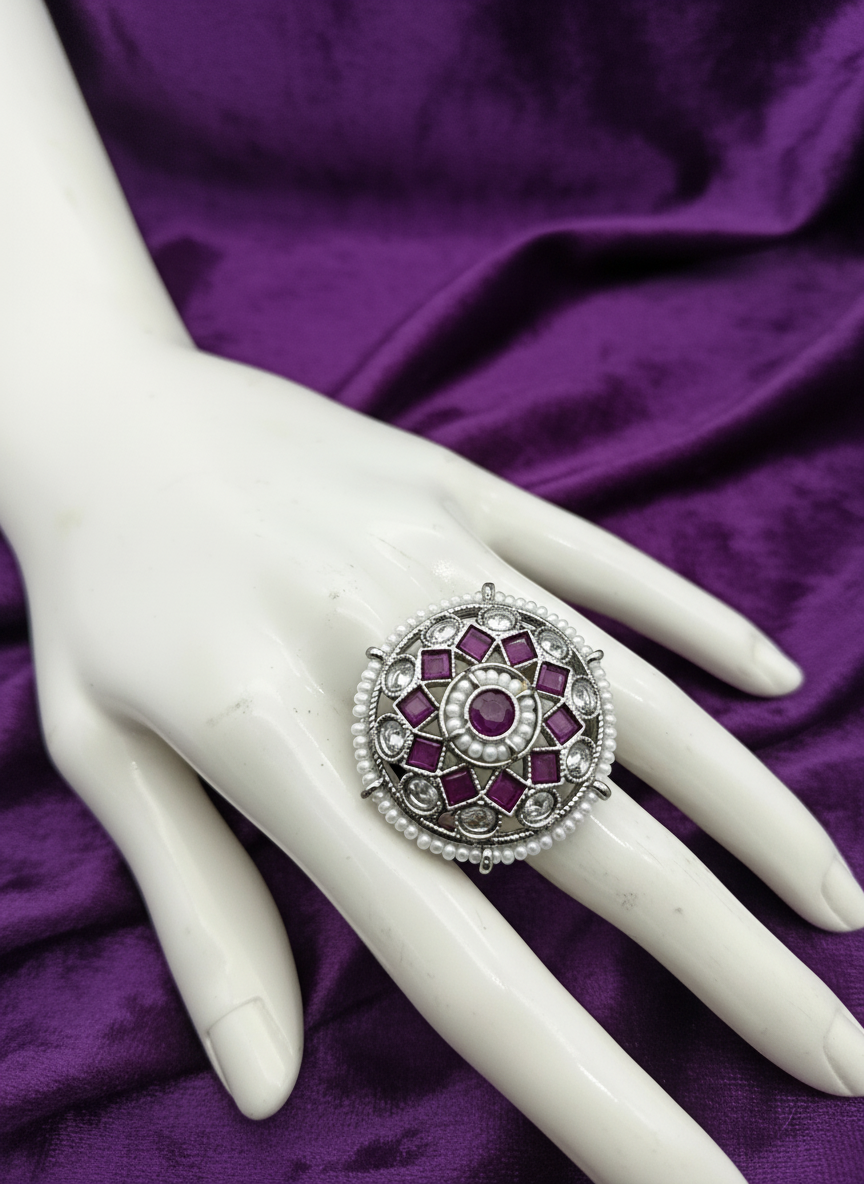 AM801 Silver and Pink adjustable ring polki