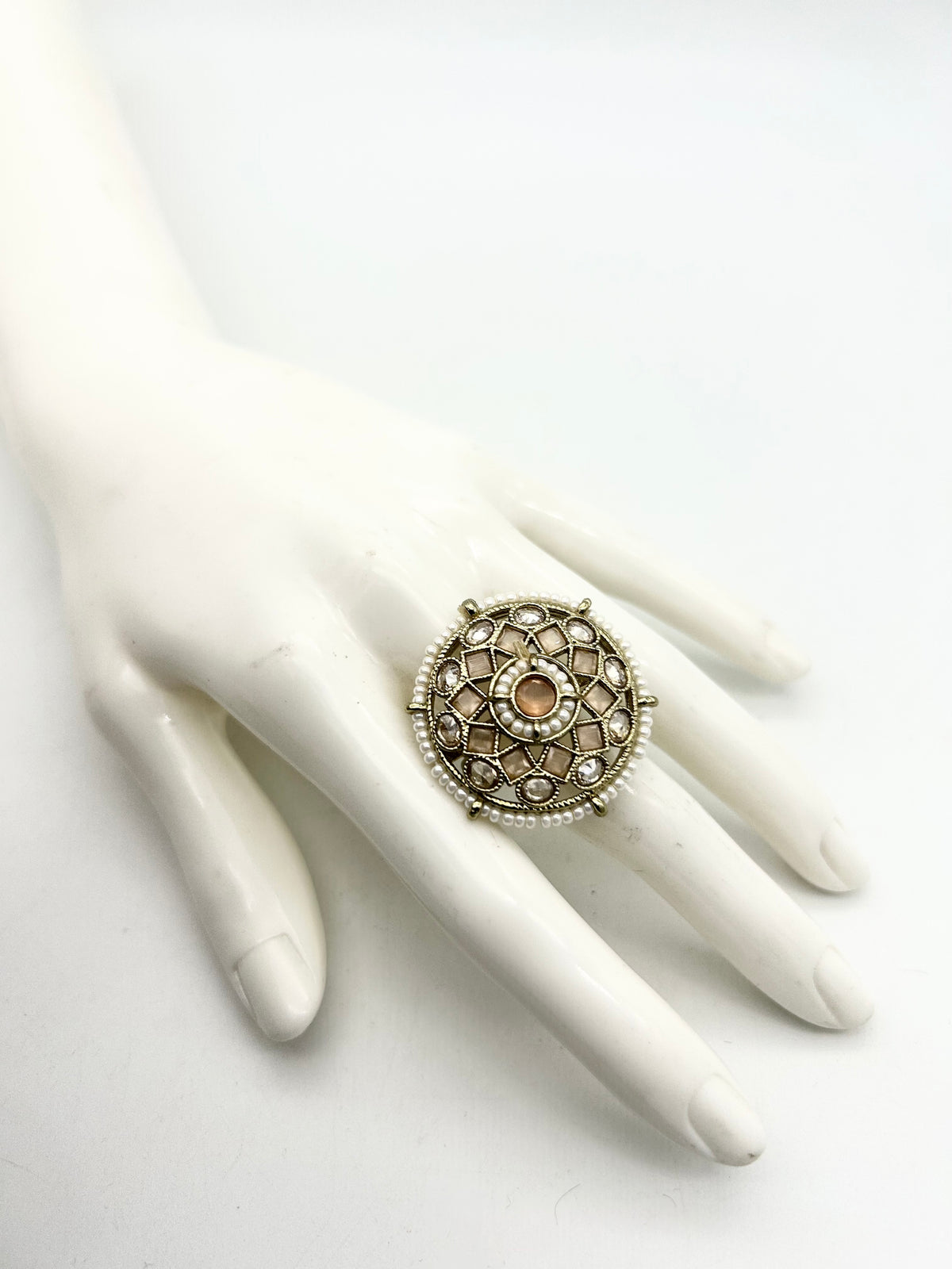 AM801 Gold and Peach adjustable ring polki