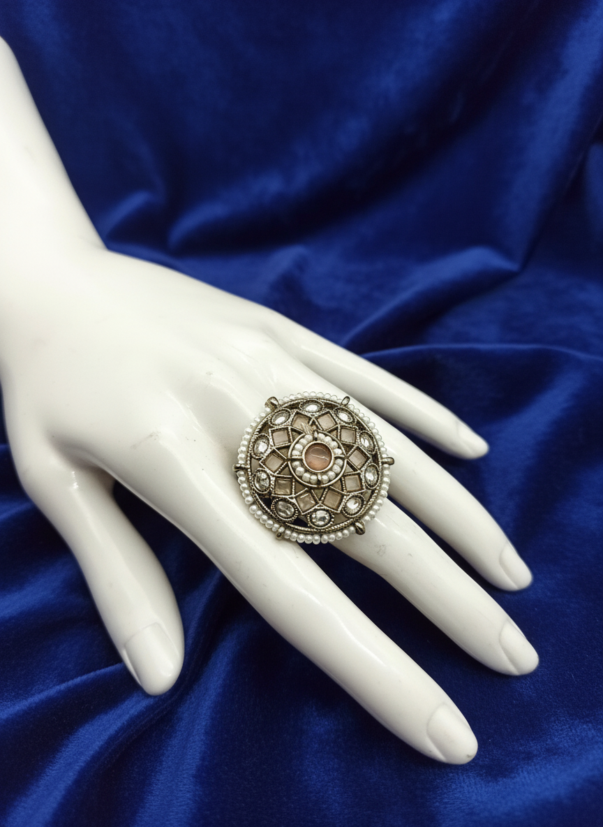 AM801 Gold and Peach adjustable ring polki