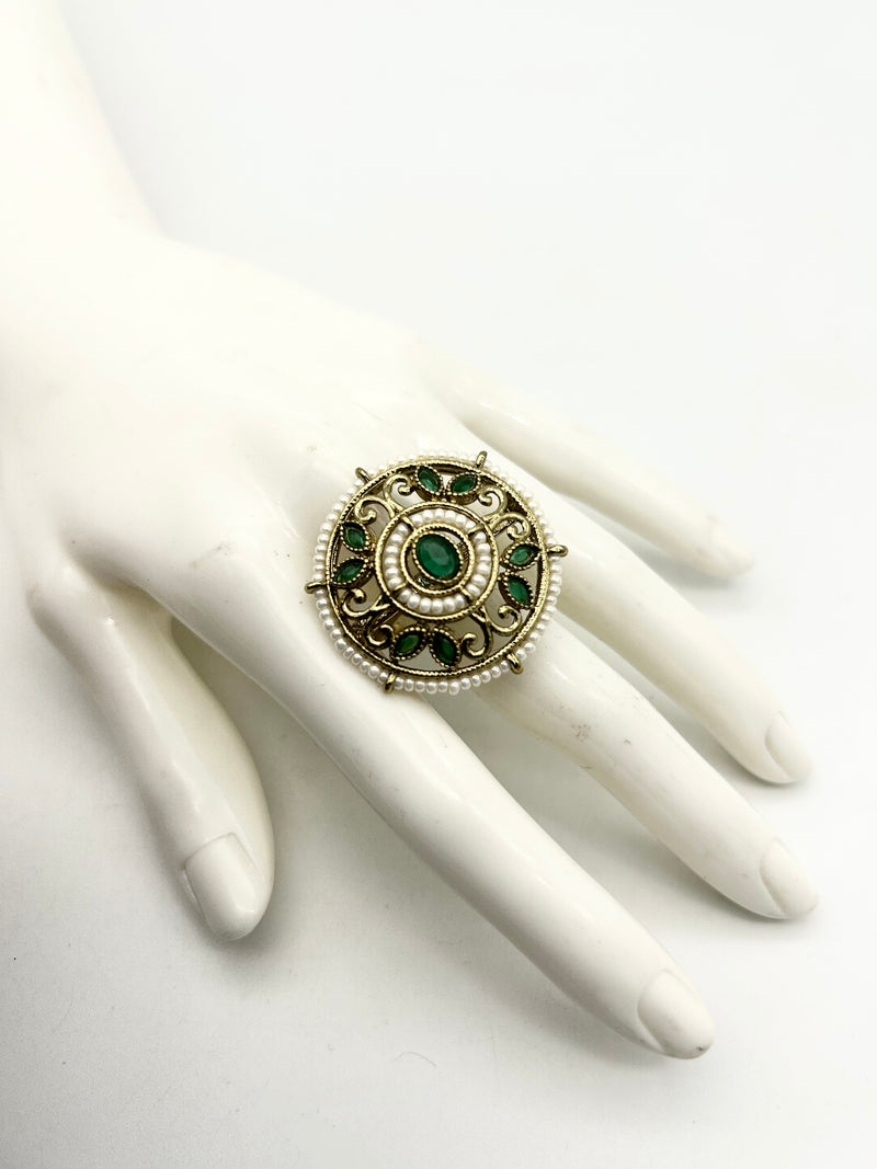 AM802 Gold and Green adjustable ring polki