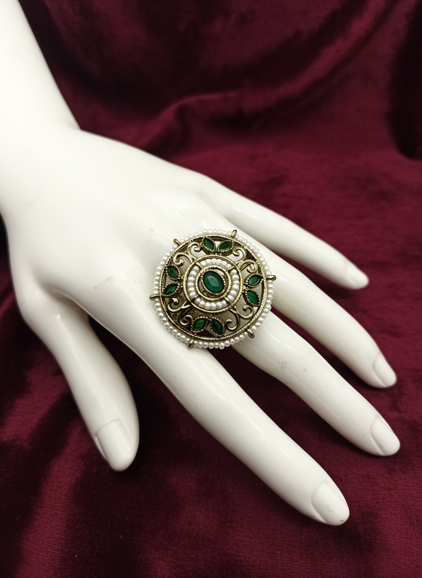 AM802 Gold and Green adjustable ring polki