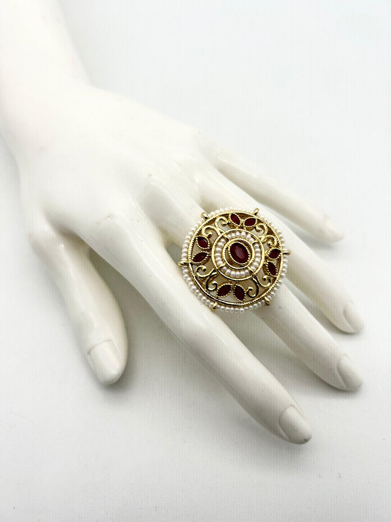 AM802 Gold and Maroon adjustable ring polki