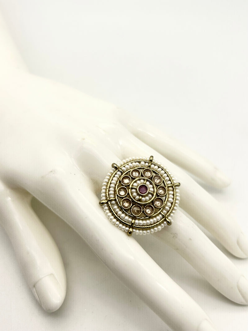 AM806 Gold and Pink adjustable ring polki