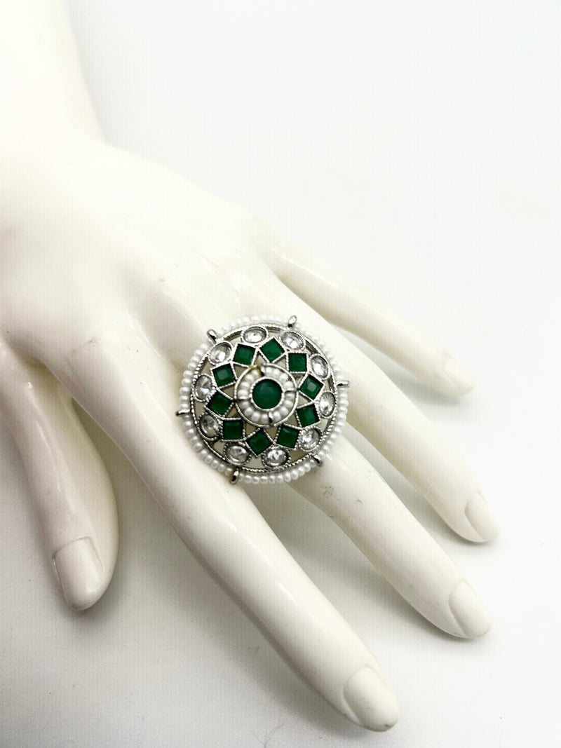 AM801 Silver and Green adjustable ring polki